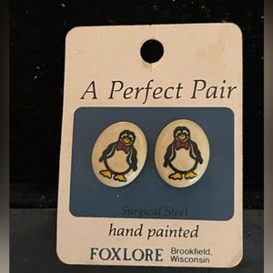 NWT Foxlore oval cream black red yellow hand painted penguin clay stud